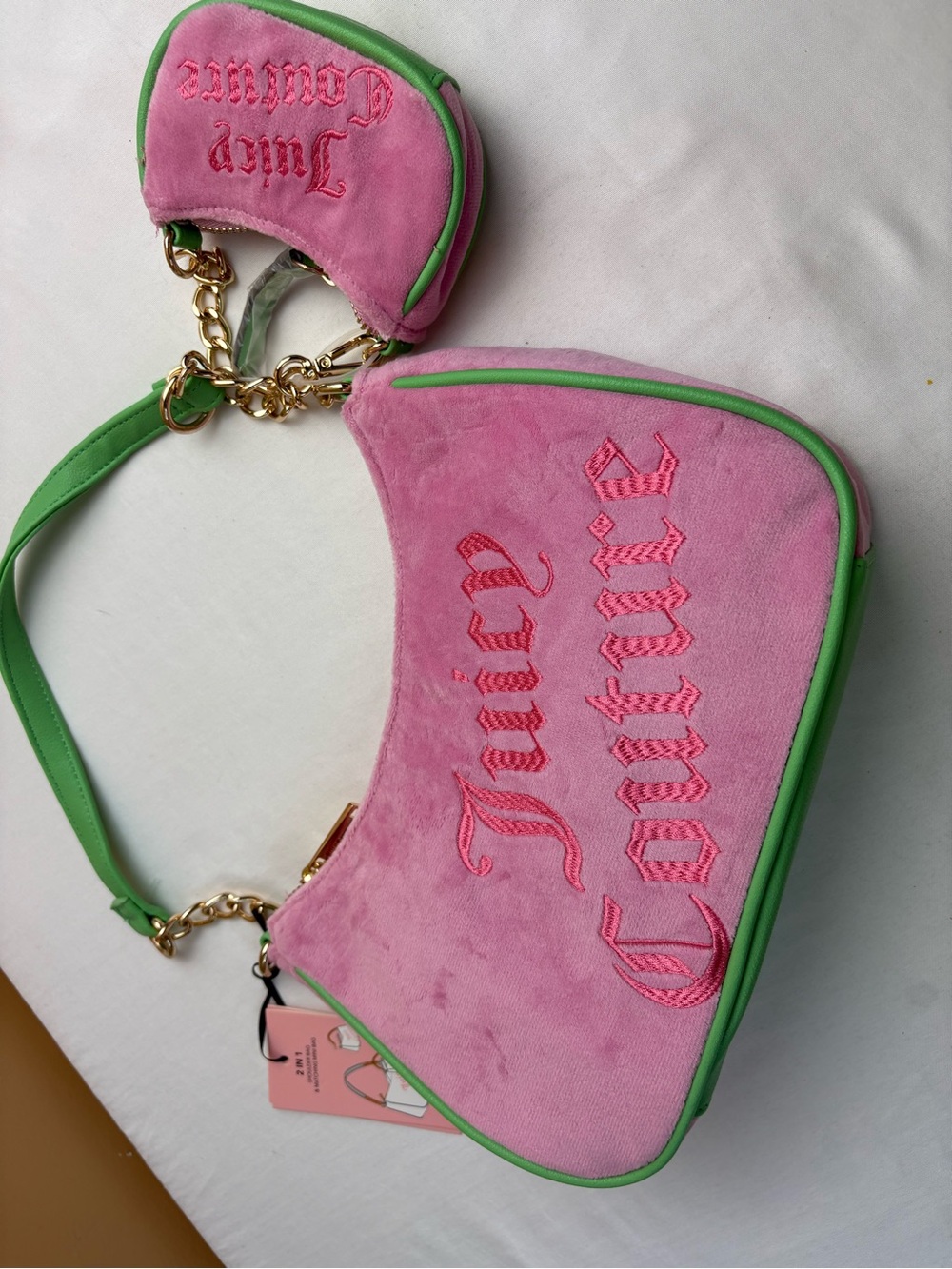 Juicy Couture Pink Velvet Shoulder Bag with Green Trim and Coin Pouch